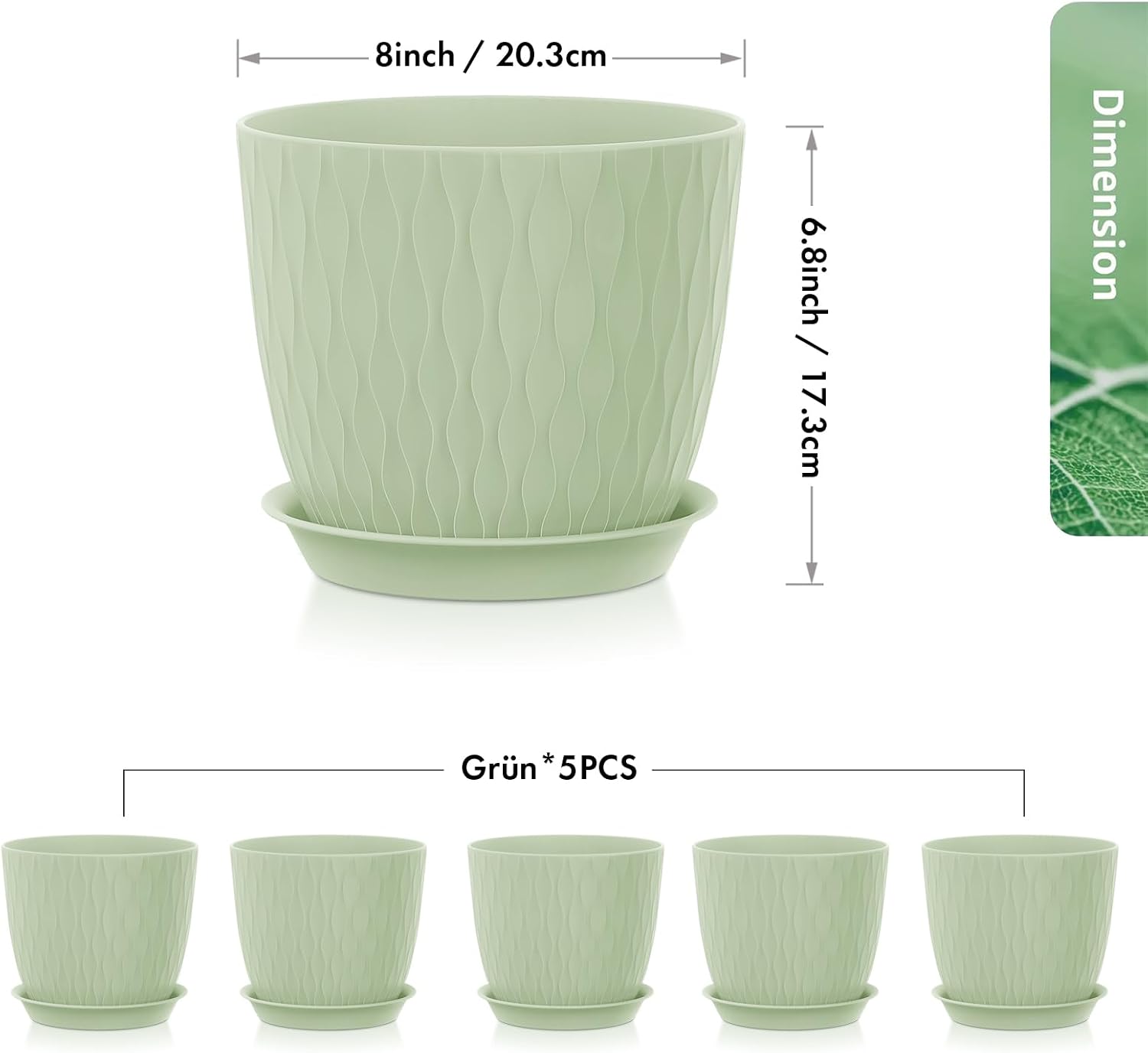 Homeuouz 5 Packs Blumentopf mit Bewässerungssystem, 20.3cm Pflanzentopf mit Bewässerungssystem, Übertopf mit Untersetzer, Blumentöpfe Set Ideal für Innen und Balkongärten, Hellgrün