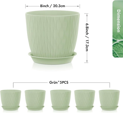 Homeuouz 5 Packs Blumentopf mit Bewässerungssystem, 20.3cm Pflanzentopf mit Bewässerungssystem, Übertopf mit Untersetzer, Blumentöpfe Set Ideal für Innen und Balkongärten, Hellgrün