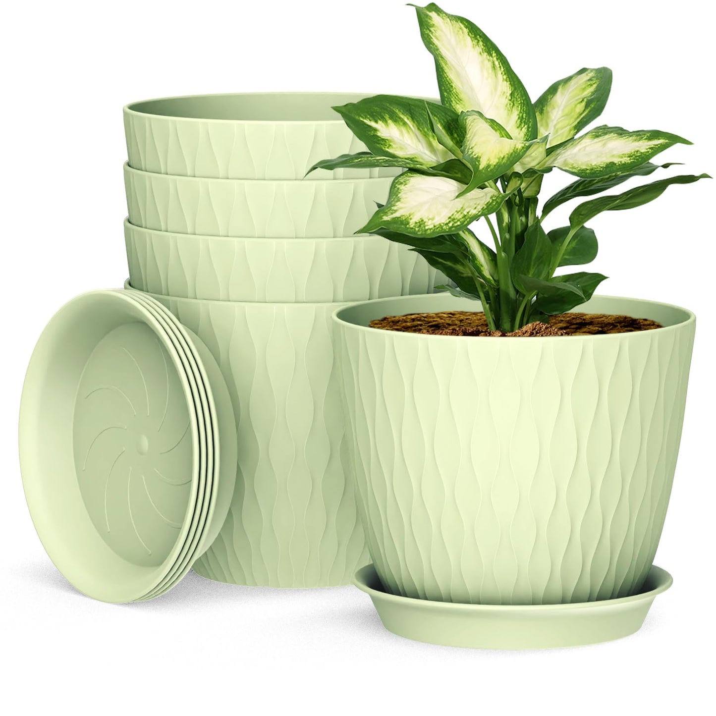 Homeuouz 5 Packs Blumentopf mit Bewässerungssystem, 20.3cm Pflanzentopf mit Bewässerungssystem, Übertopf mit Untersetzer, Blumentöpfe Set Ideal für Innen und Balkongärten, Hellgrün