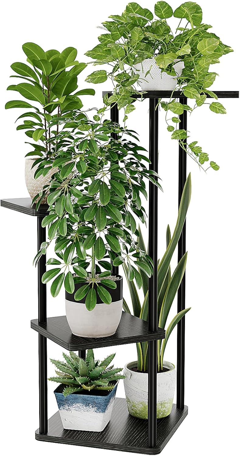Bamworld Blumenständer Schwarz – Pflanzenständer aus Metall mit 4 Ebenen – Platzsparendes Pflanzenregal für Wohnzimmer, Balkon und Ecke – Blumenhocker & Deko Regal für Innenbereich