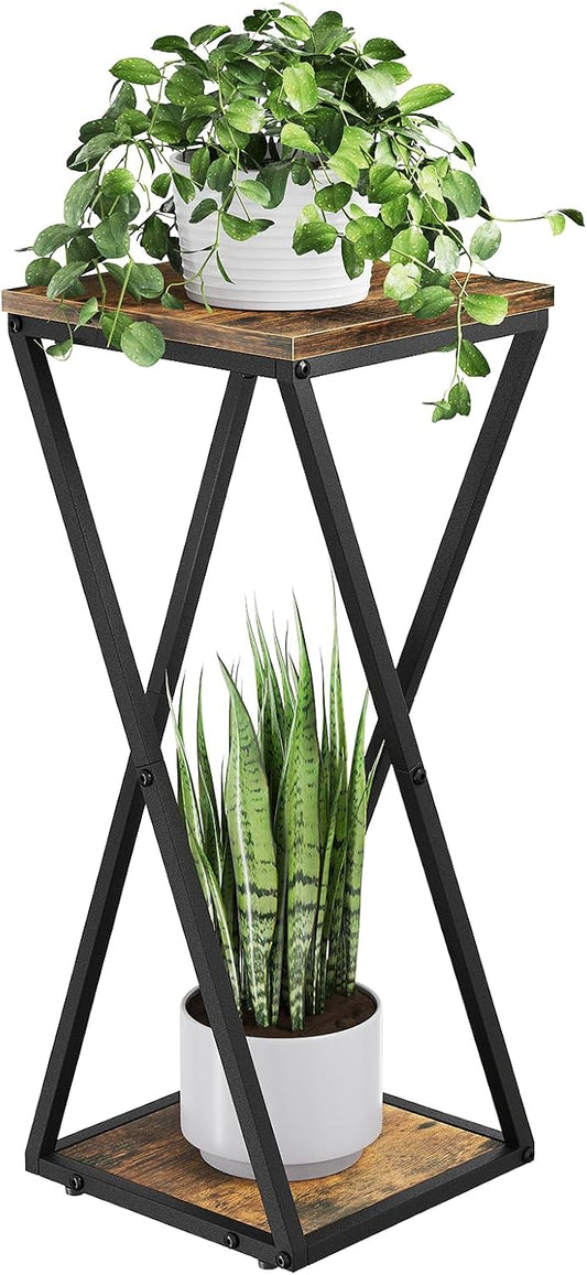 Bamworld Blumenständer Metall mit Holz Ablagen, 2 Ebenen Pflanzenständer im Industrie-Design, Blumenhocker für Wohnzimmer Balkon Garten Dekoration