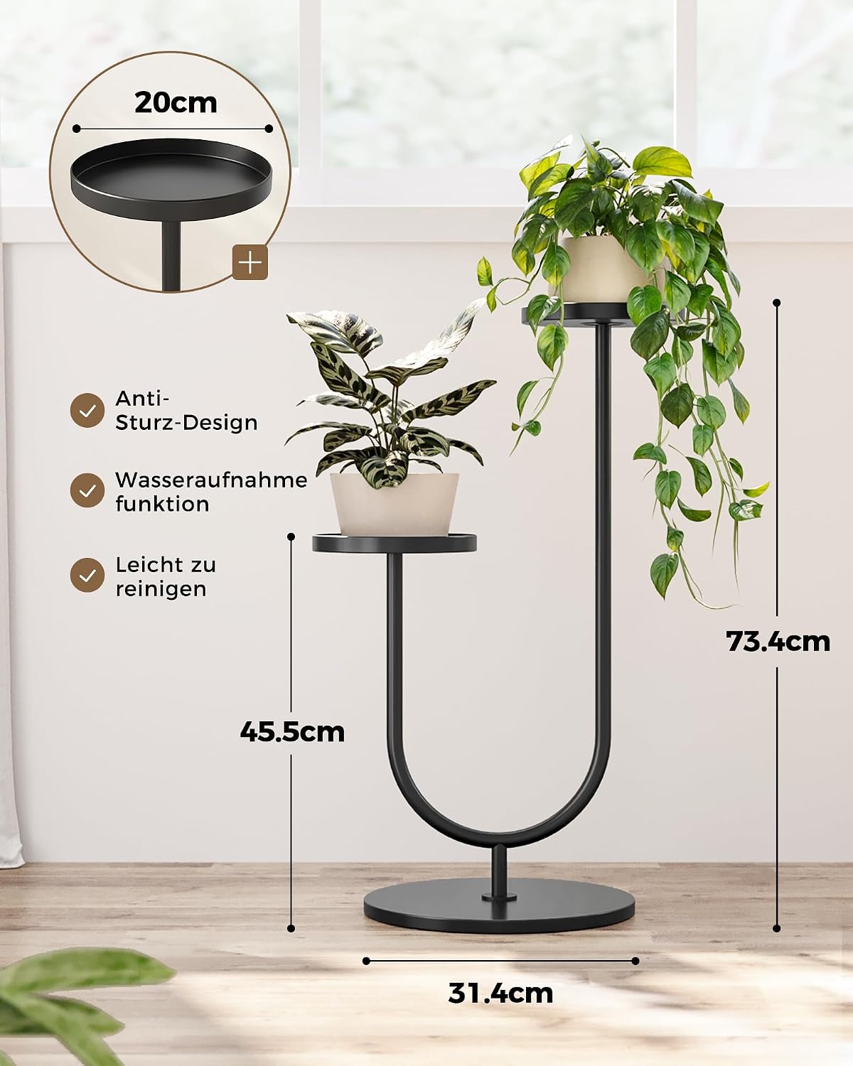 Bamworld Blumenständer Metall Schwarz, Pflanzenständer Indoor Outdoor, Modernes 2-stufiges Pflanzenregal, Stabiler Blumentopfhalter für Wohnzimmer, Balkon, Garten