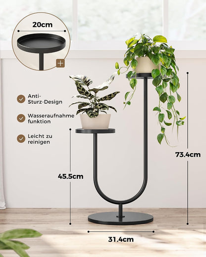 Bamworld Blumenständer Metall Schwarz, Pflanzenständer Indoor Outdoor, Modernes 2-stufiges Pflanzenregal, Stabiler Blumentopfhalter für Wohnzimmer, Balkon, Garten