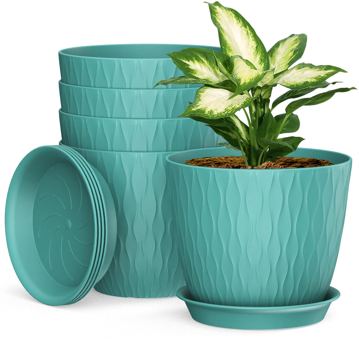 Homeuouz 5 Packs Blumentopf mit Bewässerungssystem, 20.3cm Pflanzentopf mit Bewässerungssystem, Übertopf mit Untersetzer, Blumentöpfe Set Ideal für Innen und Balkongärten, Hellgrün