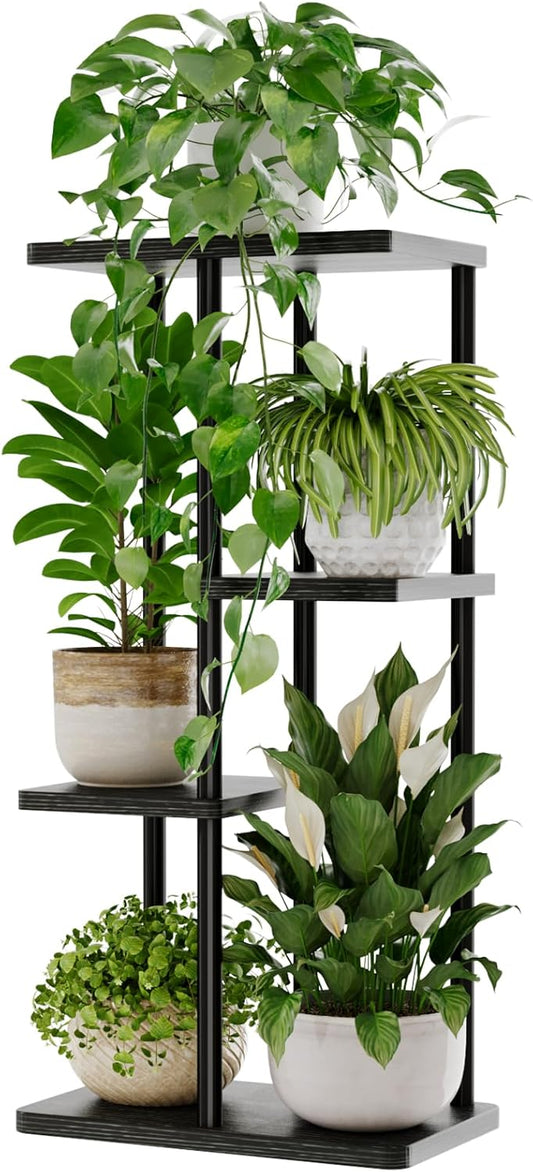 Bamworld Blumenständer aus Metall und Holz – Pflanzenständer mit 4 Ebenen, Pflanzenregal für Innenbereich, Blumentreppe Modern, Blumenregal für Wohnzimmer & Balkon, Schwarz