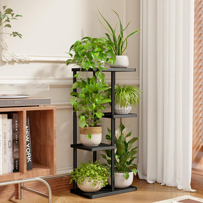 Bamworld Blumenständer aus Metall und Holz – Pflanzenständer mit 4 Ebenen, Pflanzenregal für Innenbereich, Blumentreppe Modern, Blumenregal für Wohnzimmer & Balkon, Schwarz
