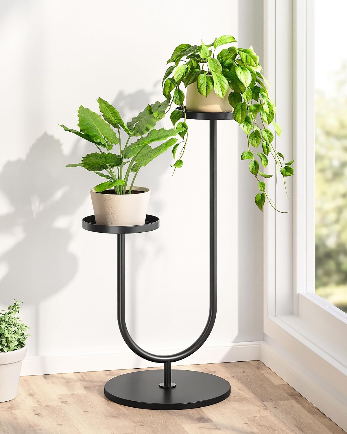 Bamworld Blumenständer Metall Schwarz, Pflanzenständer Indoor Outdoor, Modernes 2-stufiges Pflanzenregal, Stabiler Blumentopfhalter für Wohnzimmer, Balkon, Garten