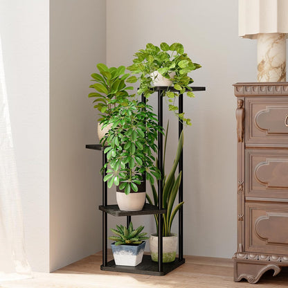 Bamworld Blumenständer Schwarz – Pflanzenständer aus Metall mit 4 Ebenen – Platzsparendes Pflanzenregal für Wohnzimmer, Balkon und Ecke – Blumenhocker & Deko Regal für Innenbereich