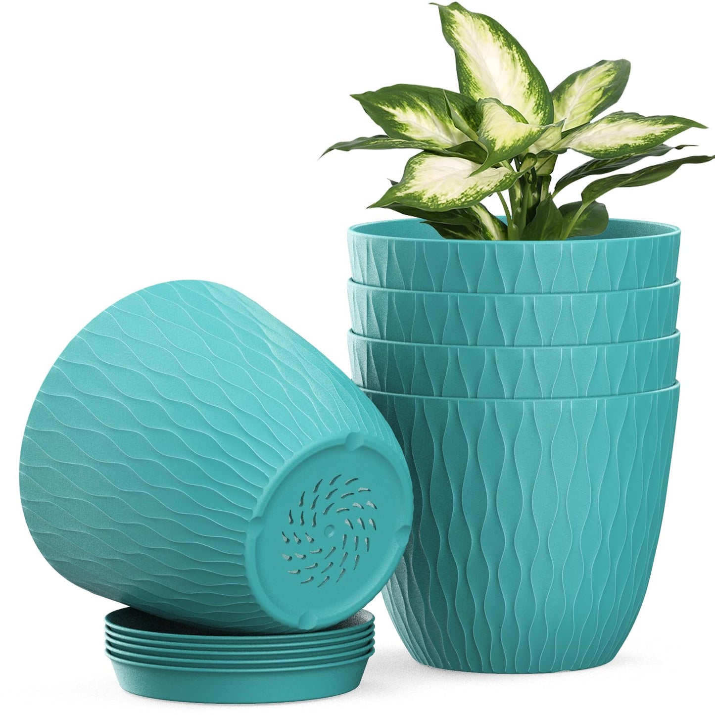 Homeuouz 5 Packs Blumentopf mit Bewässerungssystem, 20.3cm Pflanzentopf mit Bewässerungssystem, Übertopf mit Untersetzer, Blumentöpfe Set Ideal für Innen und Balkongärten, Hellgrün