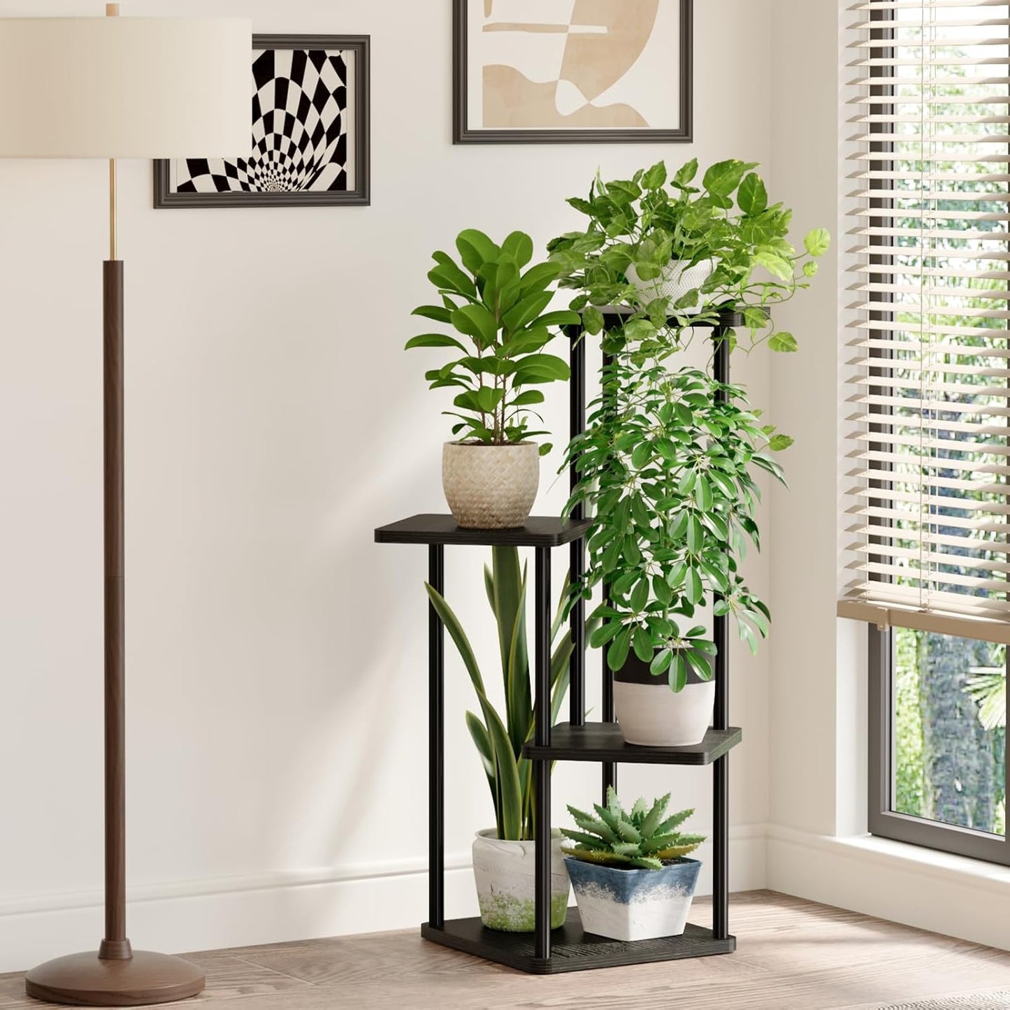 Bamworld Blumenständer Schwarz – Pflanzenständer aus Metall mit 4 Ebenen – Platzsparendes Pflanzenregal für Wohnzimmer, Balkon und Ecke – Blumenhocker & Deko Regal für Innenbereich