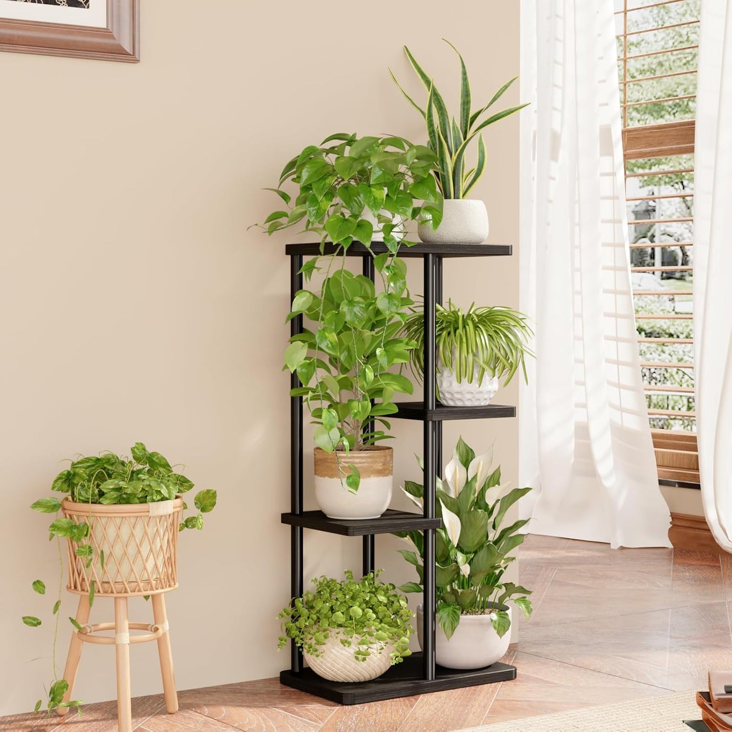 Bamworld Blumenständer aus Metall und Holz – Pflanzenständer mit 4 Ebenen, Pflanzenregal für Innenbereich, Blumentreppe Modern, Blumenregal für Wohnzimmer & Balkon, Schwarz