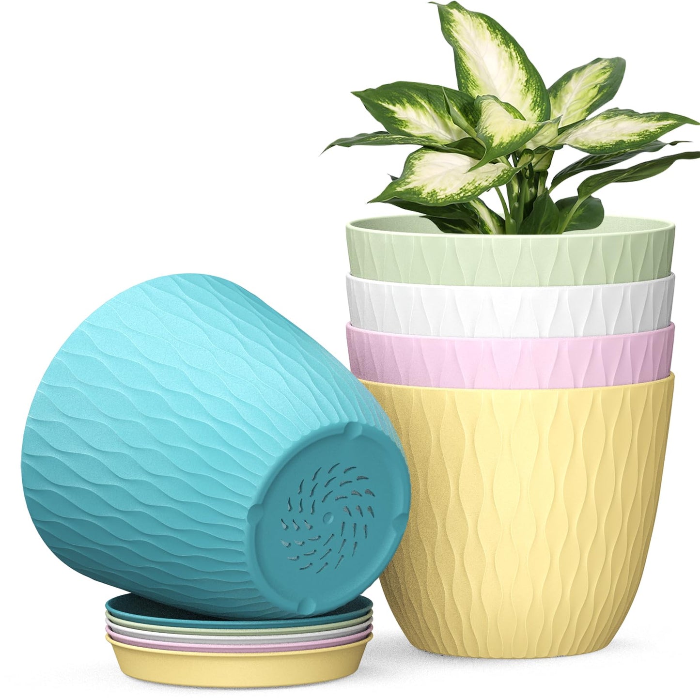 Homeuouz 5 Packs Blumentopf mit Bewässerungssystem, 20.3cm Pflanzentopf mit Bewässerungssystem, Übertopf mit Untersetzer, Blumentöpfe Set Ideal für Innen und Balkongärten, Hellgrün