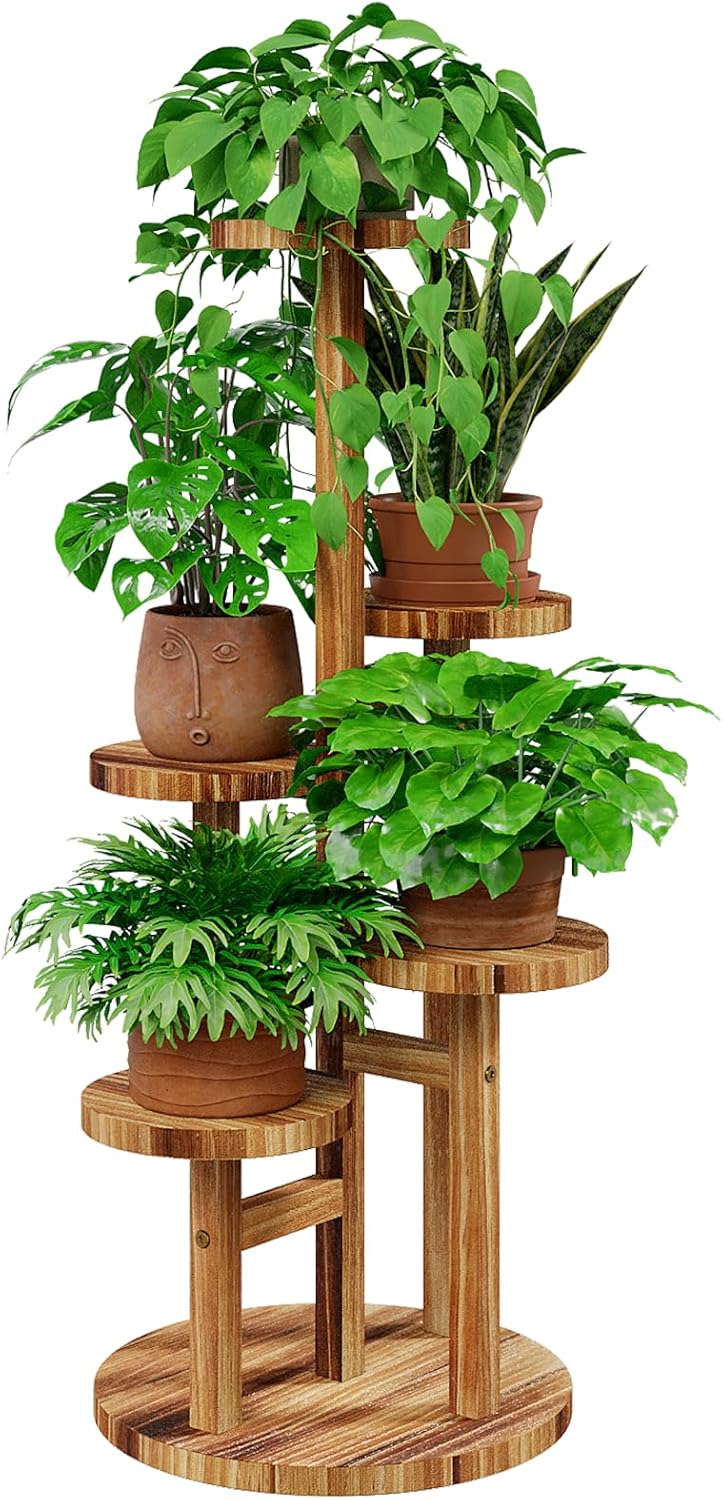 Bamworld Holz Blumenständer Multilevel Pflanzenregal – Raumsparendes Pflanzenträger mit 5 Ebenen für Wohnzimmer & Garten, Als Blumentreppe mit Mehrschichten