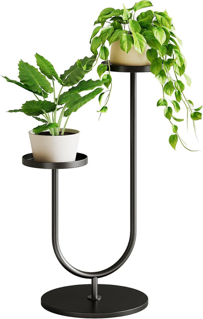 Bamworld Blumenständer Metall Schwarz, Pflanzenständer Indoor Outdoor, Modernes 2-stufiges Pflanzenregal, Stabiler Blumentopfhalter für Wohnzimmer, Balkon, Garten
