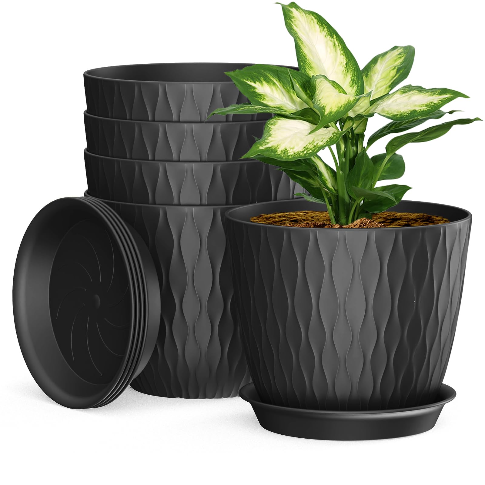 Homeuouz 5 Packs Blumentopf mit Bewässerungssystem, 20.3cm Pflanzentopf mit Bewässerungssystem, Übertopf mit Untersetzer, Blumentöpfe Set Ideal für Innen und Balkongärten, Hellgrün