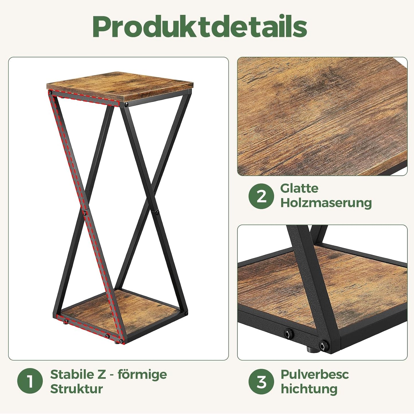 Bamworld Blumenständer Metall mit Holz Ablagen, 2 Ebenen Pflanzenständer im Industrie-Design, Blumenhocker für Wohnzimmer Balkon Garten Dekoration