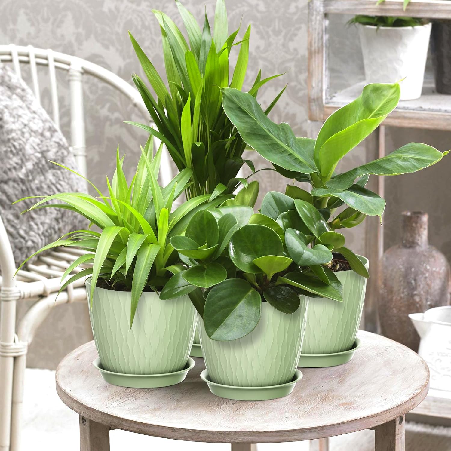Homeuouz 5 Packs Blumentopf mit Bewässerungssystem, 20.3cm Pflanzentopf mit Bewässerungssystem, Übertopf mit Untersetzer, Blumentöpfe Set Ideal für Innen und Balkongärten, Hellgrün