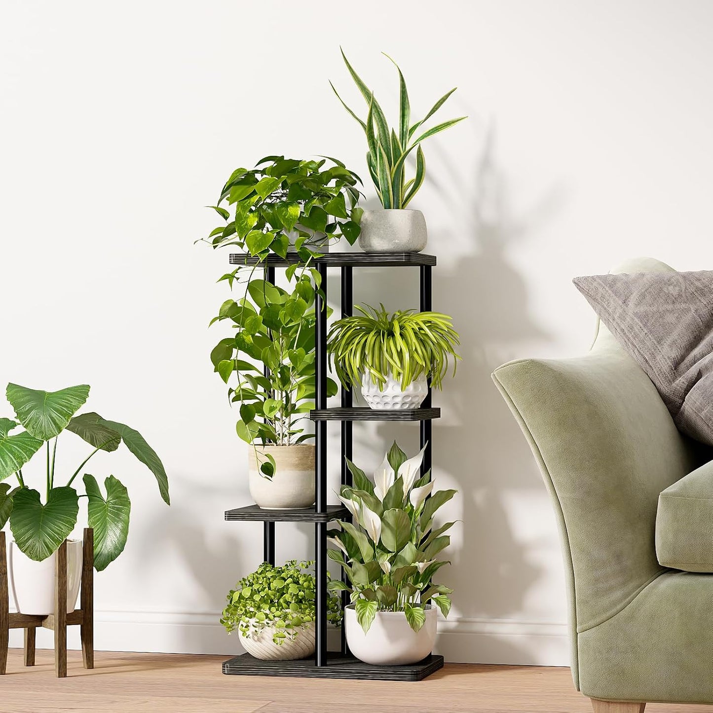 Bamworld Blumenständer aus Metall und Holz – Pflanzenständer mit 4 Ebenen, Pflanzenregal für Innenbereich, Blumentreppe Modern, Blumenregal für Wohnzimmer & Balkon, Schwarz