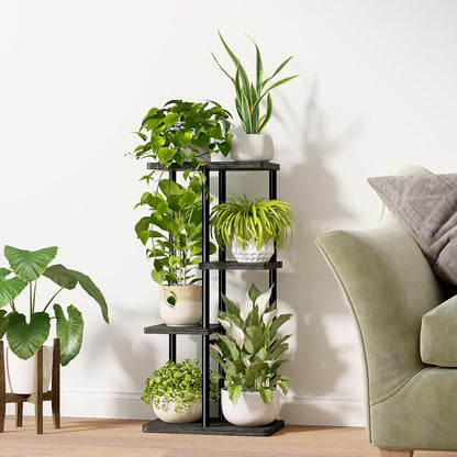 Bamworld Blumenständer aus Metall und Holz – Pflanzenständer mit 4 Ebenen, Pflanzenregal für Innenbereich, Blumentreppe Modern, Blumenregal für Wohnzimmer & Balkon, Schwarz