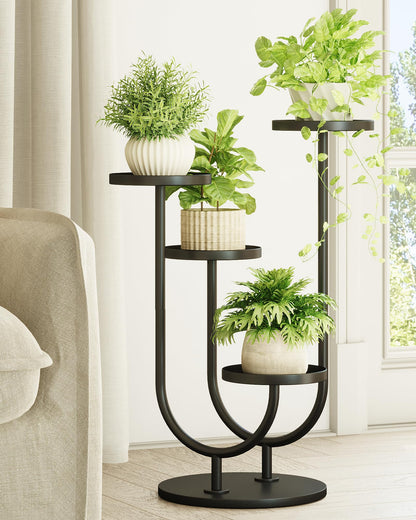Bamworld Blumenständer Metall Schwarz, Pflanzenständer Indoor Outdoor, Modernes 2-stufiges Pflanzenregal, Stabiler Blumentopfhalter für Wohnzimmer, Balkon, Garten