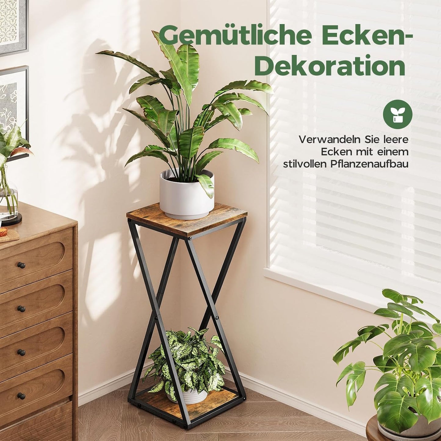 Bamworld Blumenständer Metall mit Holz Ablagen, 2 Ebenen Pflanzenständer im Industrie-Design, Blumenhocker für Wohnzimmer Balkon Garten Dekoration