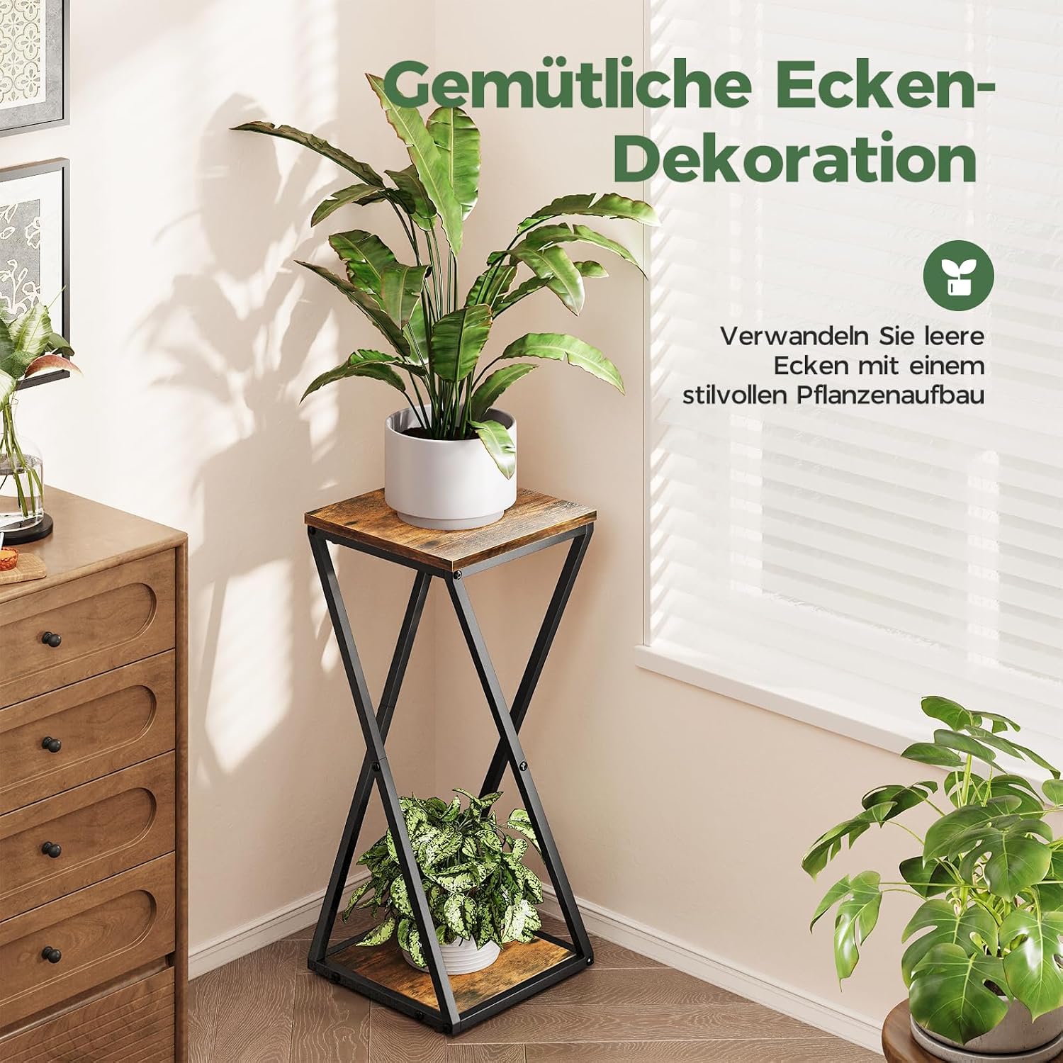 Bamworld Blumenständer Metall mit Holz Ablagen, 2 Ebenen Pflanzenständer im Industrie-Design, Blumenhocker für Wohnzimmer Balkon Garten Dekoration