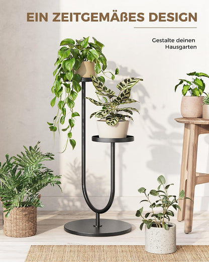 Bamworld Blumenständer Metall Schwarz, Pflanzenständer Indoor Outdoor, Modernes 2-stufiges Pflanzenregal, Stabiler Blumentopfhalter für Wohnzimmer, Balkon, Garten
