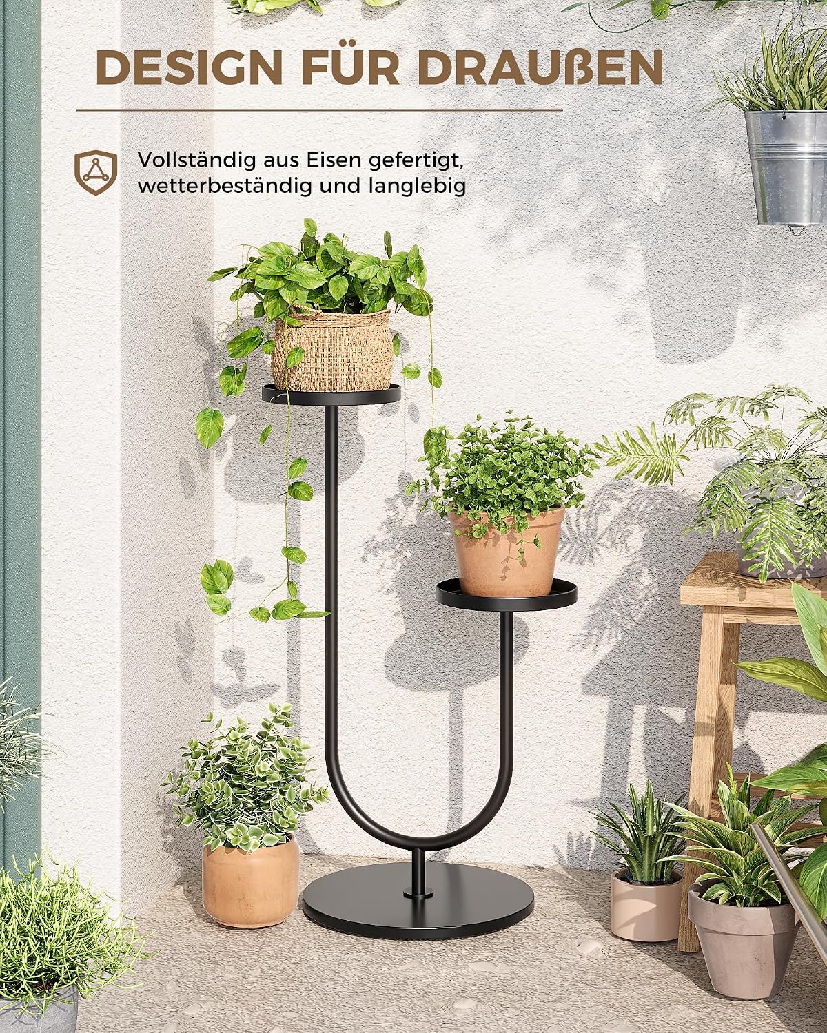 Bamworld Blumenständer Metall Schwarz, Pflanzenständer Indoor Outdoor, Modernes 2-stufiges Pflanzenregal, Stabiler Blumentopfhalter für Wohnzimmer, Balkon, Garten